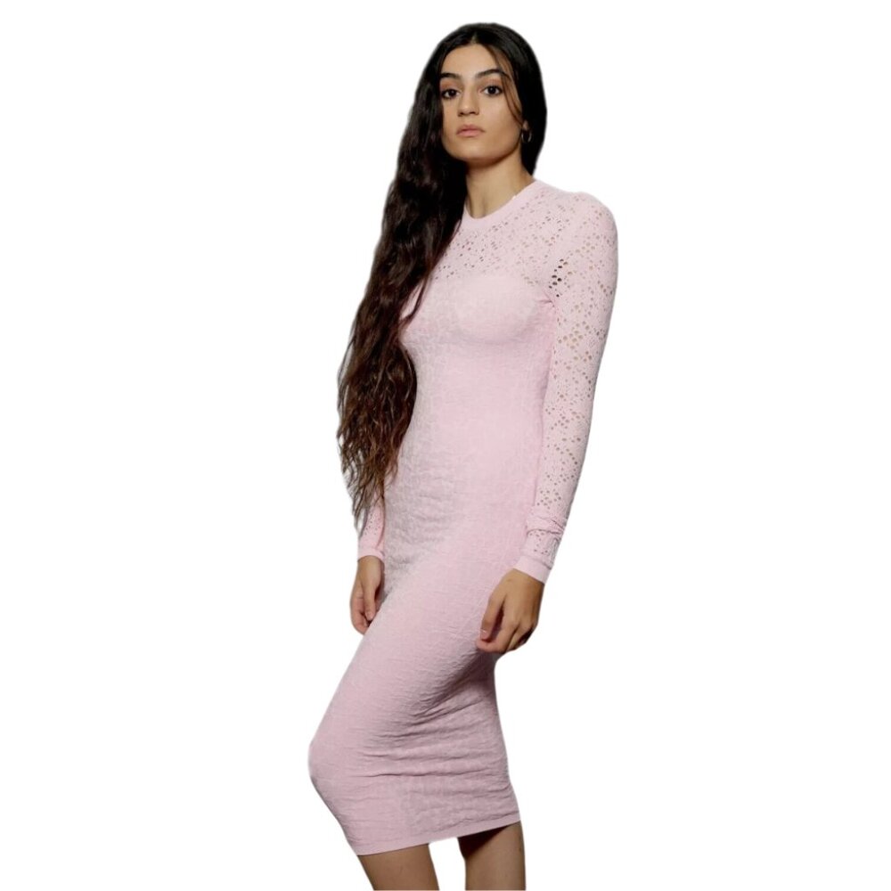 Versace Knit Lace Distressed Bodycon Dress Long Sleeve Full Length Pink 38